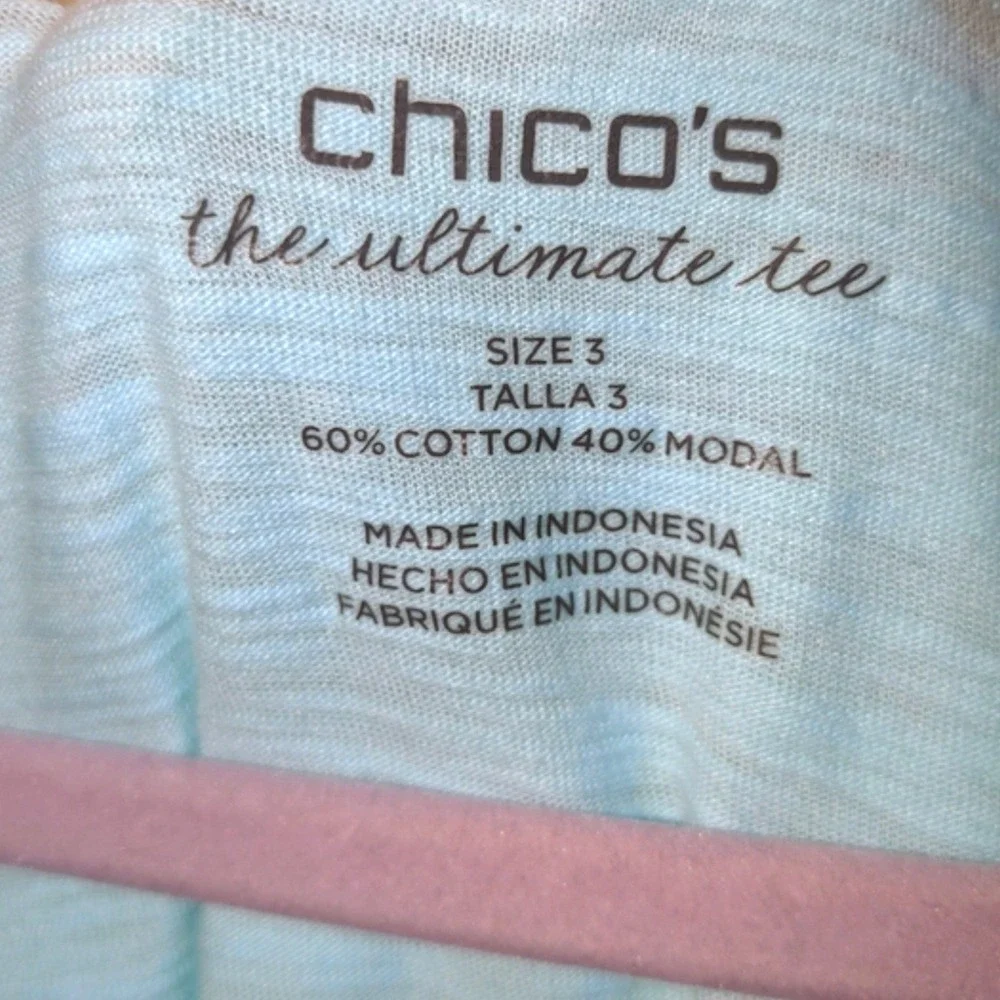 Chicos Ultimate Tee Roll-tab 3/4 Sleeve Jersey Slub Top Sz 3 XL Aqua Blue